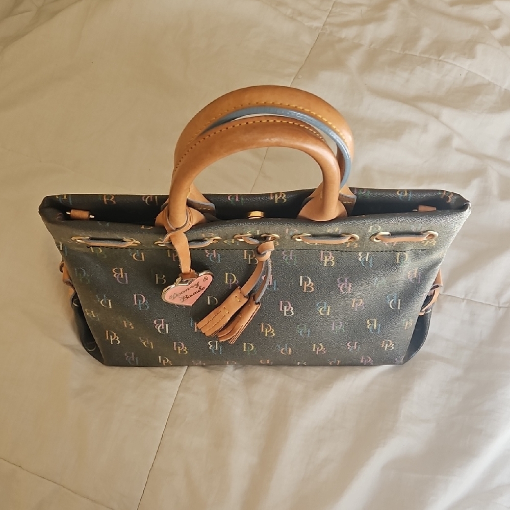Dooney & Bourke Black Multicolor Monogram Satchel with Tan Leather Handles